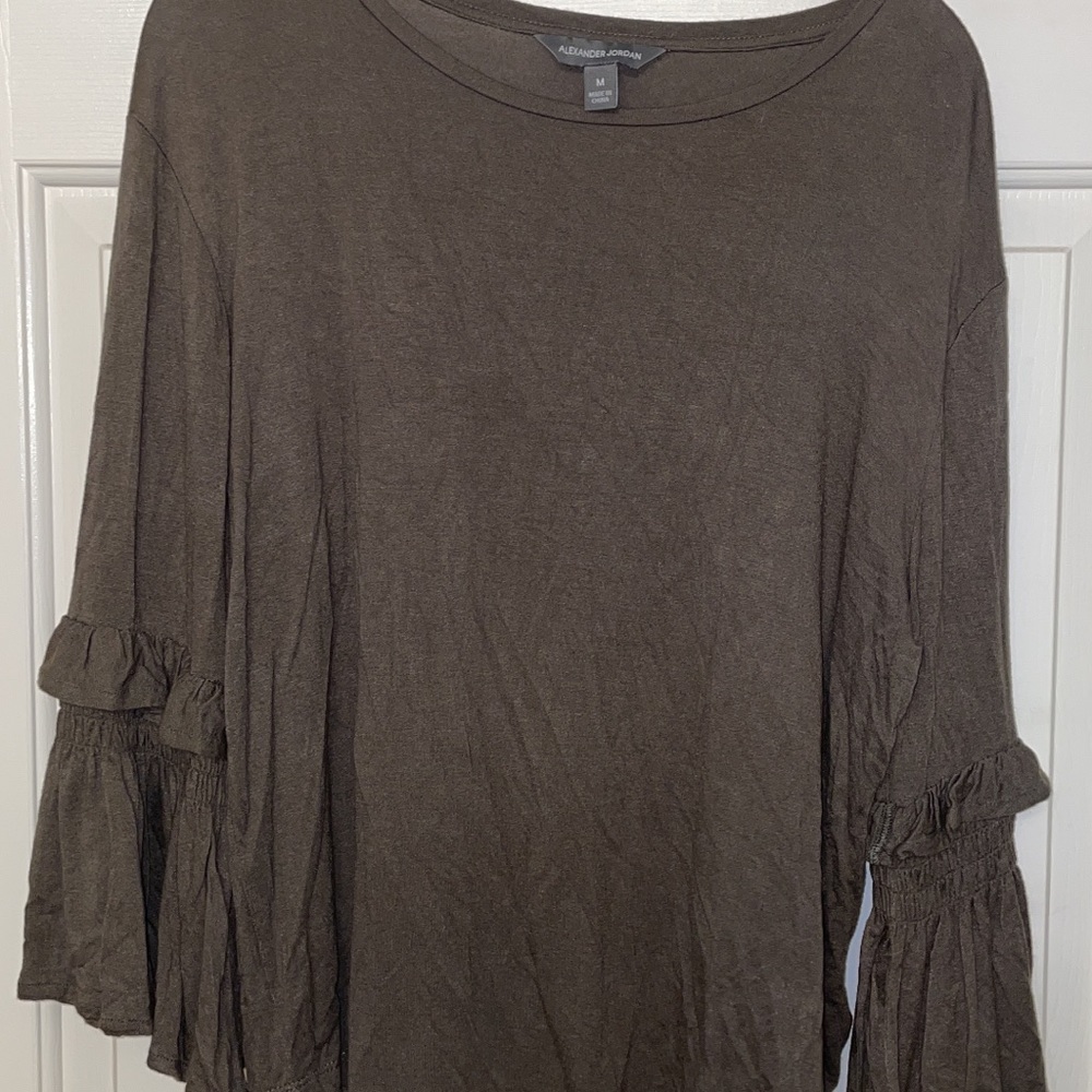 Olive green blouse with ruffles on the sleeves